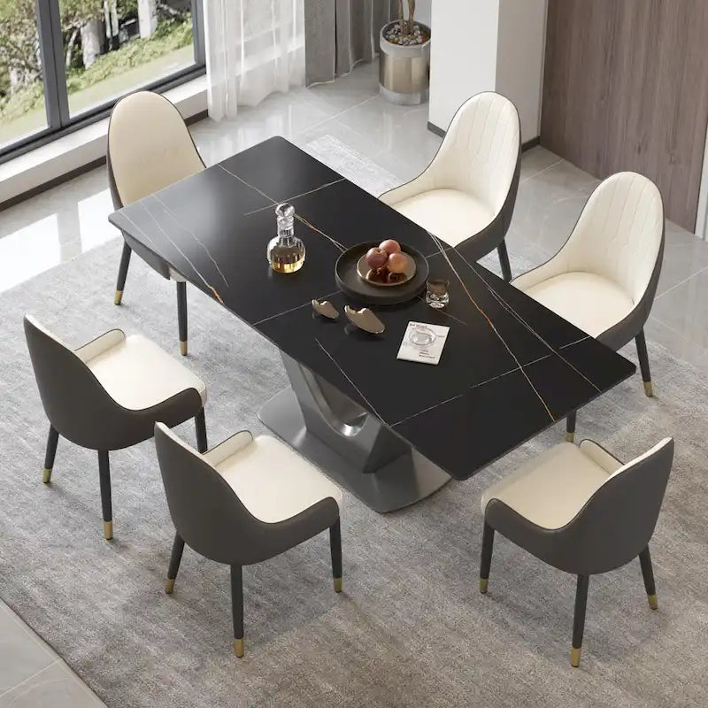 Mesa de comedor rectangular de piedra sinterizada con pedestal en forma de V