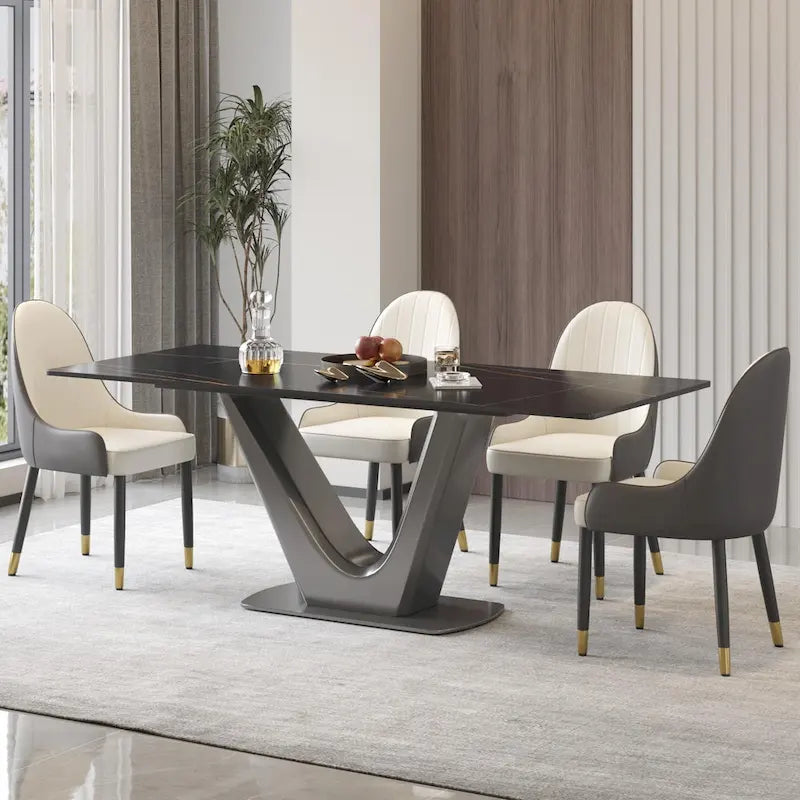 Mesa de comedor rectangular de piedra sinterizada con pedestal en forma de V