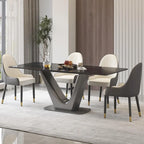 Mesa de comedor rectangular de piedra sinterizada con pedestal en forma de V