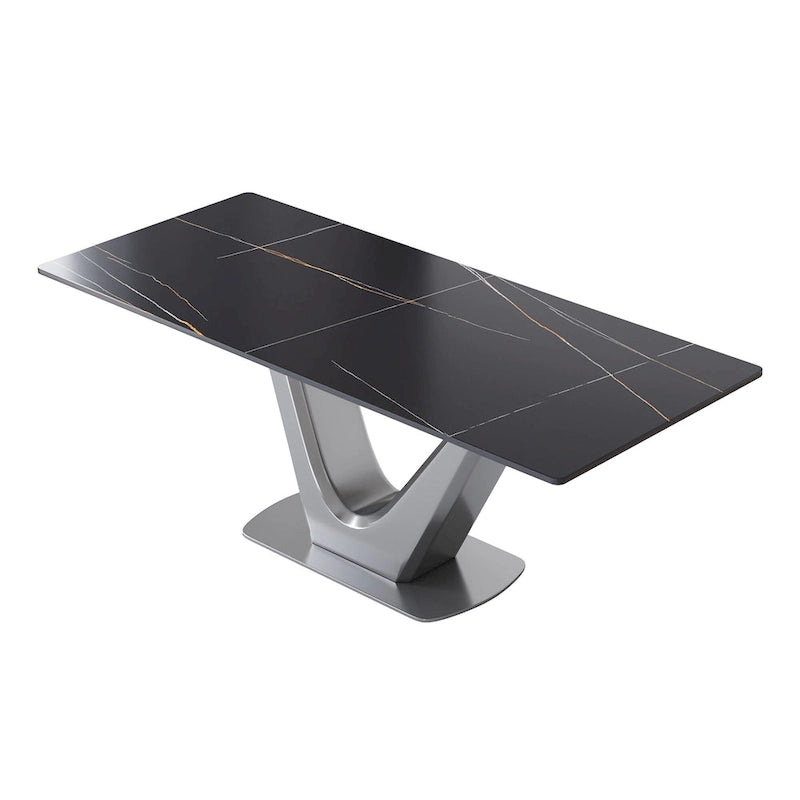 Mesa de comedor rectangular de piedra sinterizada con pedestal en forma de V