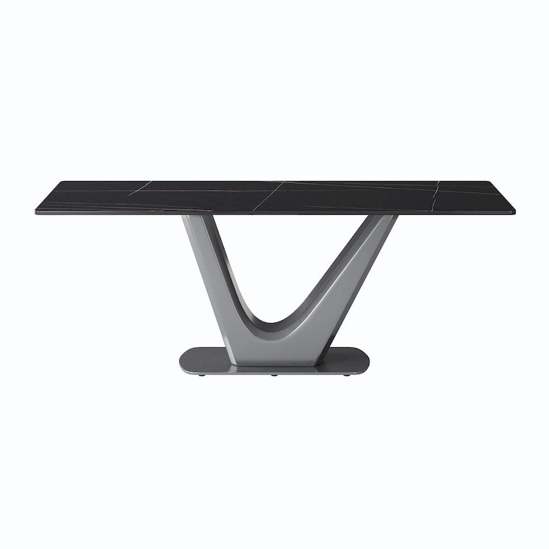 Mesa de comedor rectangular de piedra sinterizada con pedestal en forma de V