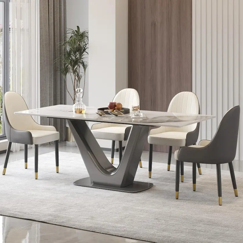 Mesa de comedor rectangular de piedra sinterizada con pedestal en forma de V