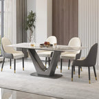 Mesa de comedor rectangular de piedra sinterizada con pedestal en forma de V