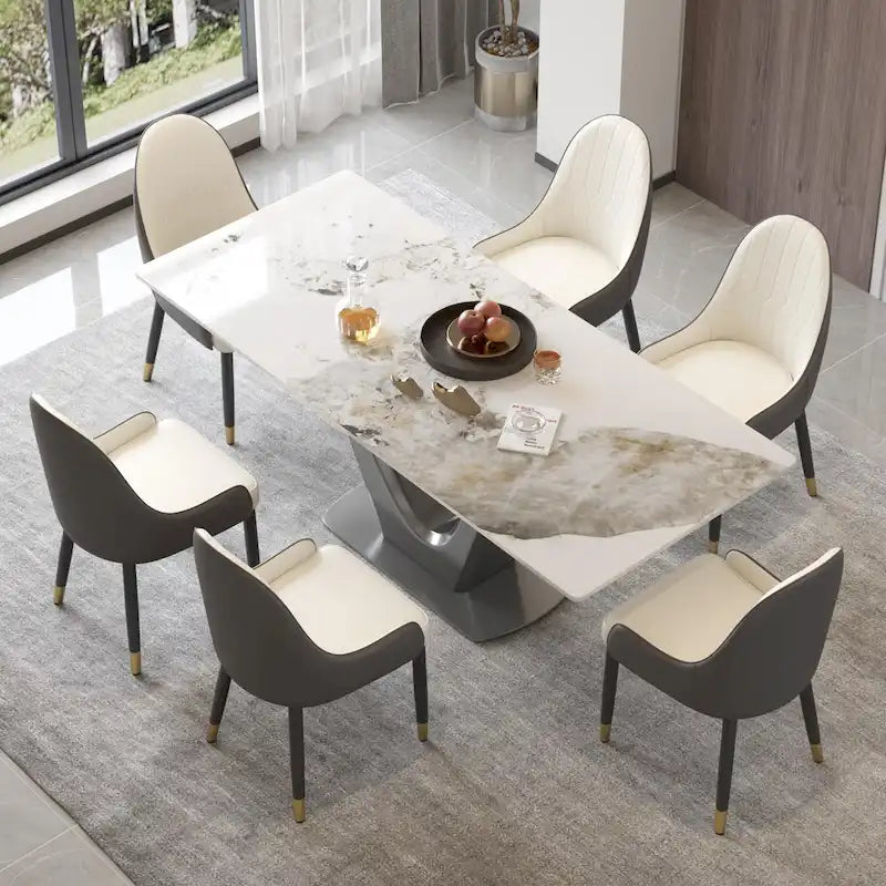 Mesa de comedor rectangular de piedra sinterizada con pedestal en forma de V