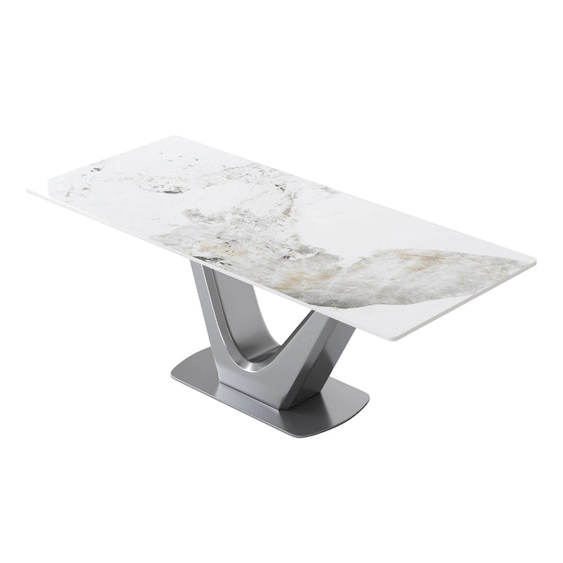 Mesa de comedor rectangular de piedra sinterizada con pedestal en forma de V