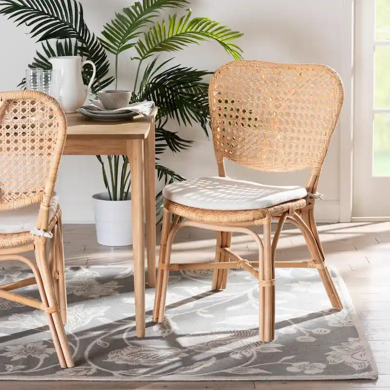 Silla de comedor bohemia de ratán marrón natural con cojín