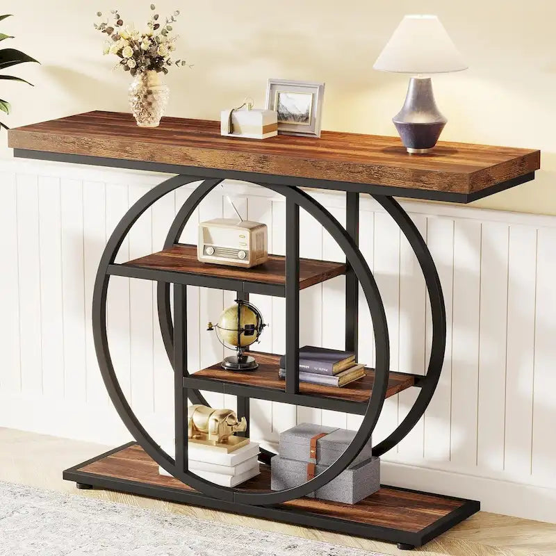 Mesa de consola rústica marrón de 4 niveles con estructura de metal circular