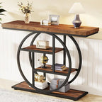 Mesa de consola rústica marrón de 4 niveles con estructura de metal circular
