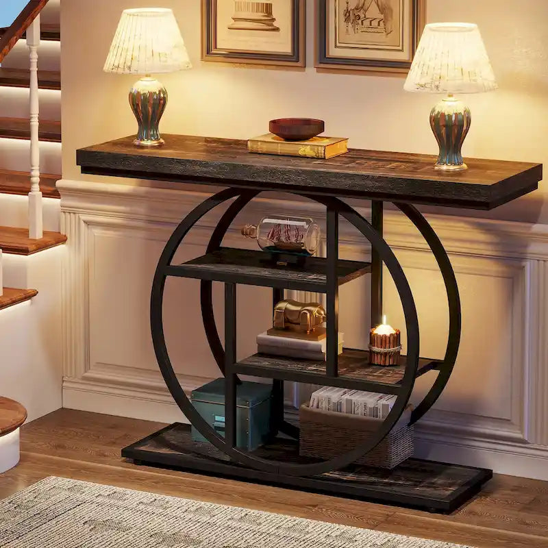 Mesa de consola rústica marrón de 4 niveles con estructura de metal circular
