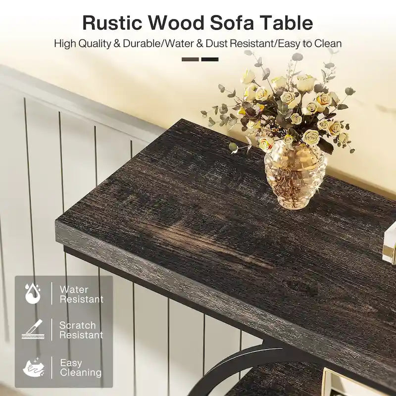 Mesa de consola rústica marrón de 4 niveles con estructura de metal circular