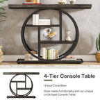 Mesa de consola rústica marrón de 4 niveles con estructura de metal circular