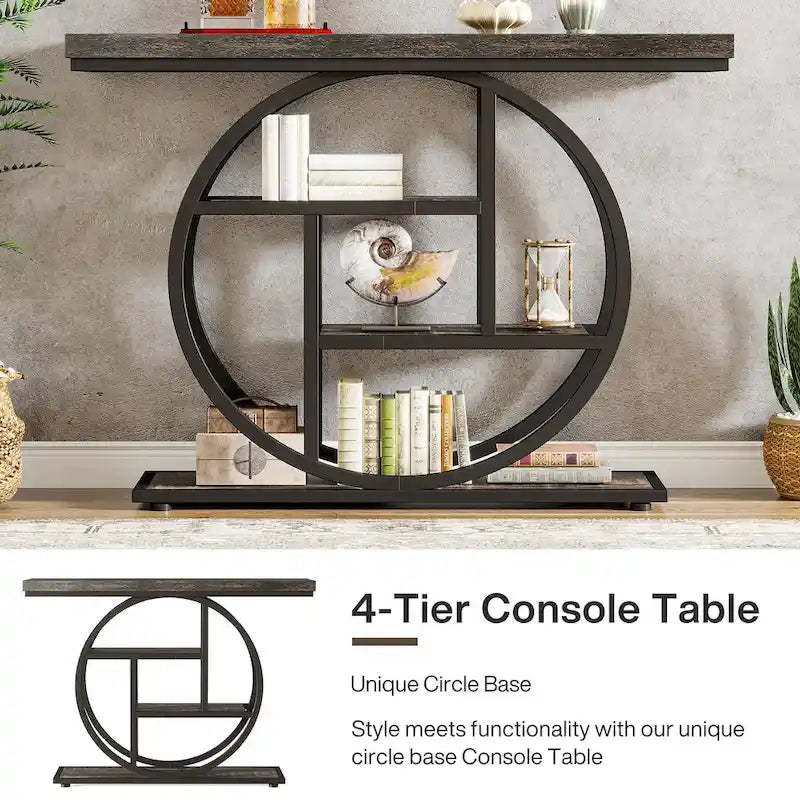 Mesa de consola rústica marrón de 4 niveles con estructura de metal circular