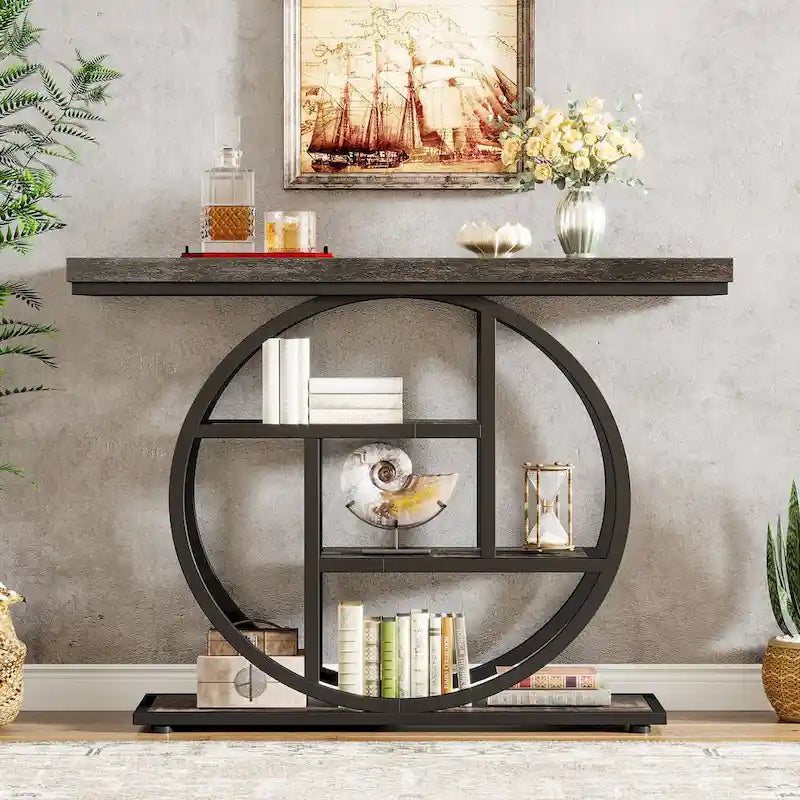 Mesa de consola rústica marrón de 4 niveles con estructura de metal circular