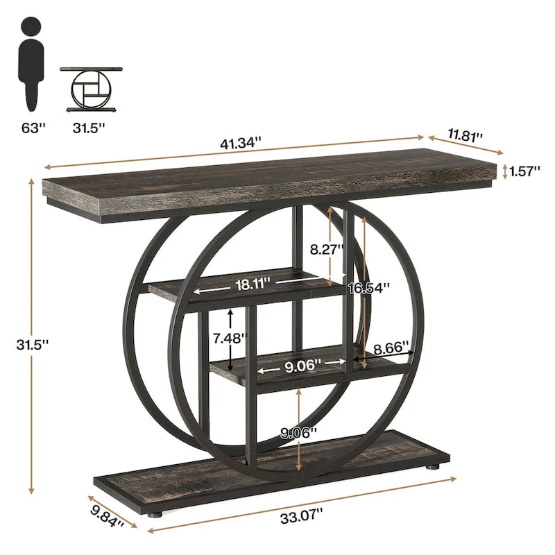 Mesa de consola rústica marrón de 4 niveles con estructura de metal circular