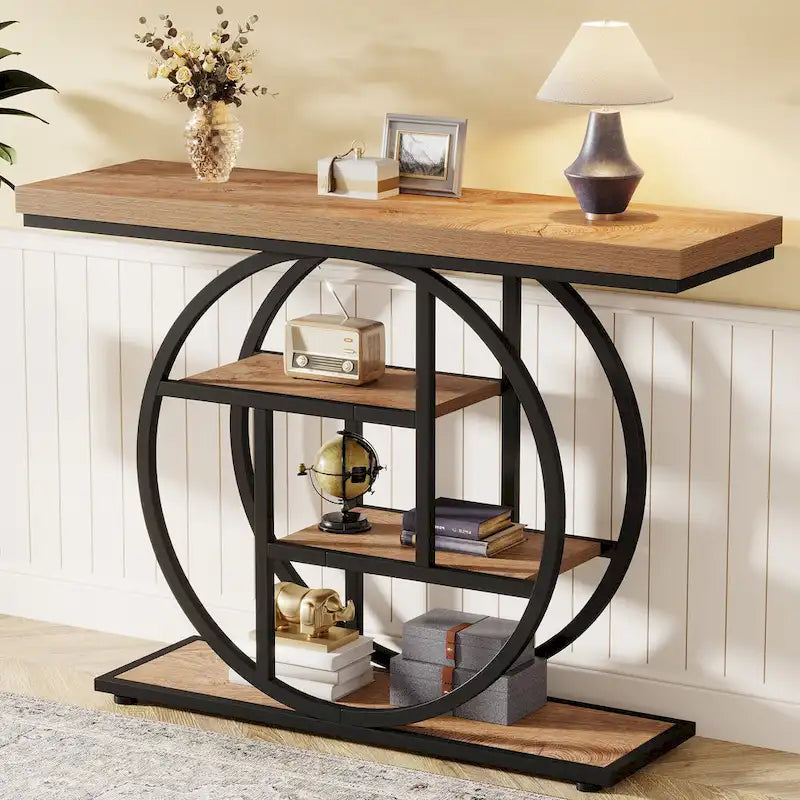Mesa de consola rústica marrón de 4 niveles con estructura de metal circular