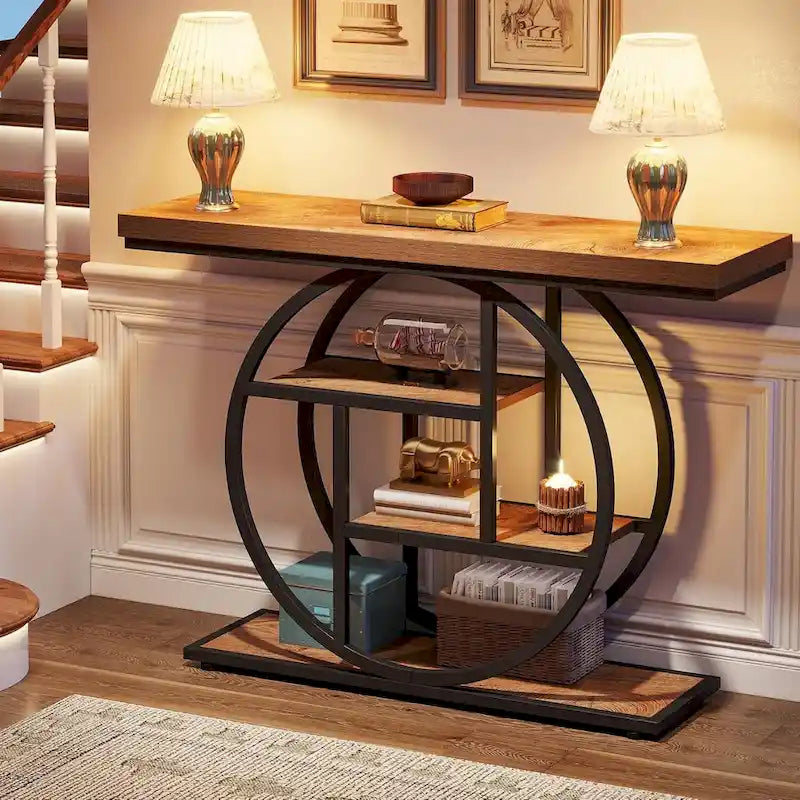 Mesa de consola rústica marrón de 4 niveles con estructura de metal circular
