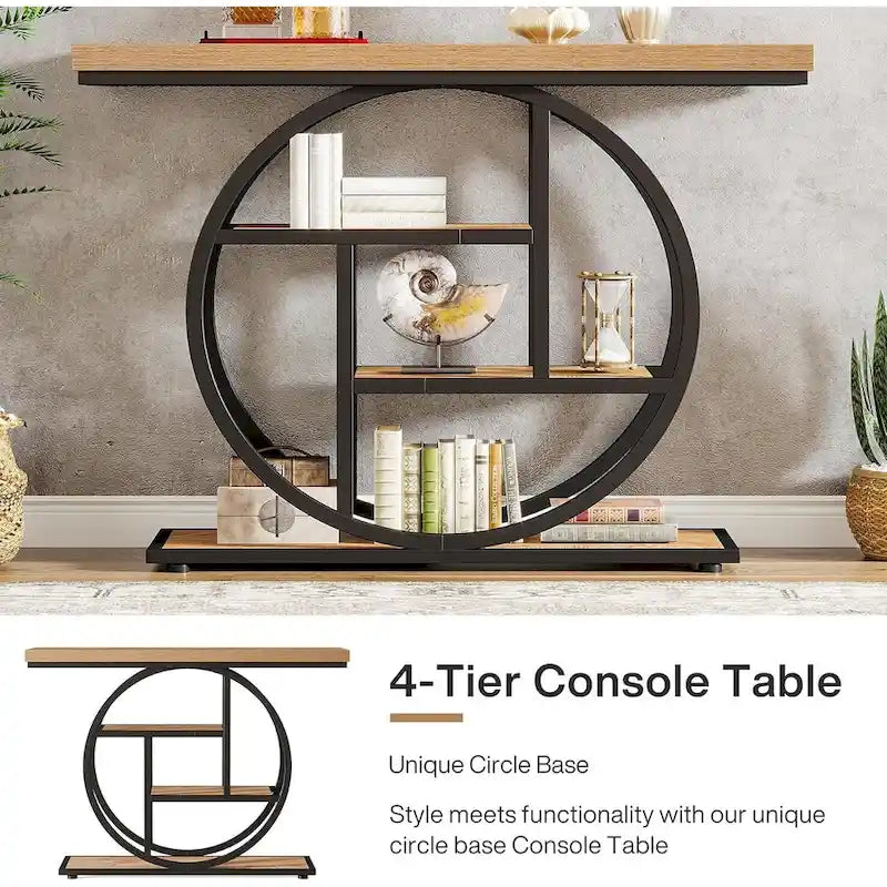 Mesa de consola rústica marrón de 4 niveles con estructura de metal circular