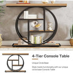Mesa de consola rústica marrón de 4 niveles con estructura de metal circular