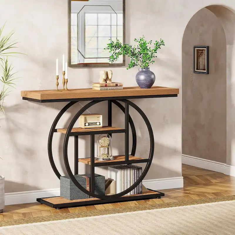 Mesa de consola rústica marrón de 4 niveles con estructura de metal circular
