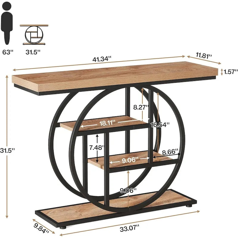 Mesa de consola rústica marrón de 4 niveles con estructura de metal circular