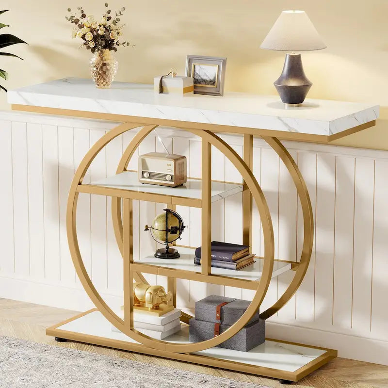 Mesa de consola rústica marrón de 4 niveles con estructura de metal circular