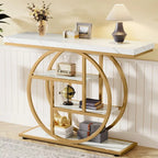 Mesa de consola rústica marrón de 4 niveles con estructura de metal circular