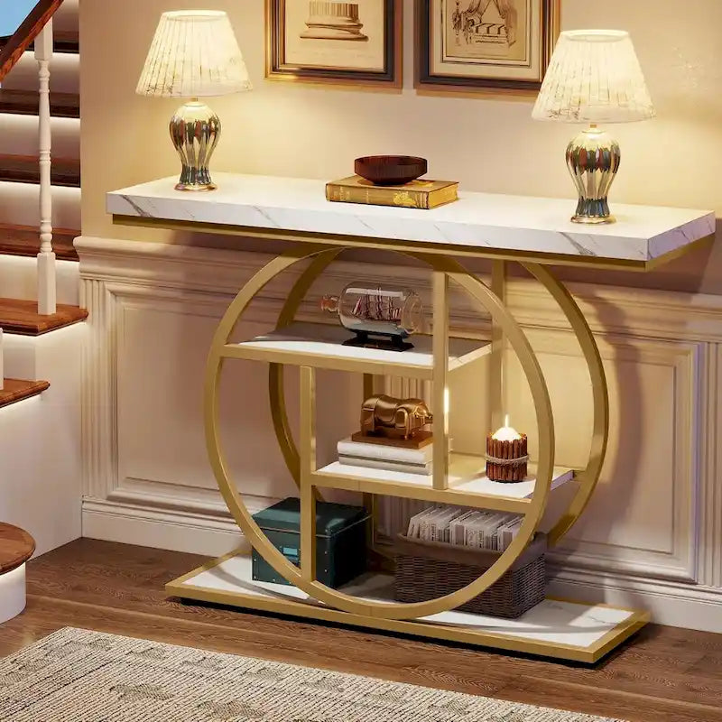 Mesa de consola rústica marrón de 4 niveles con estructura de metal circular