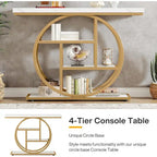 Mesa de consola rústica marrón de 4 niveles con estructura de metal circular