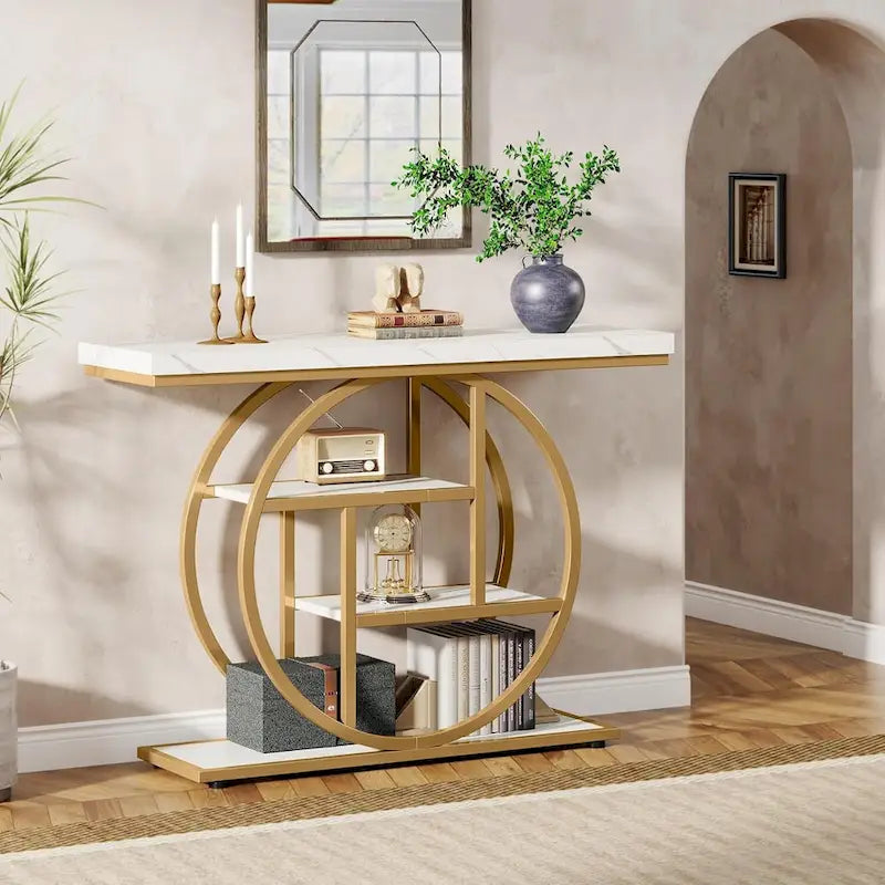Mesa de consola rústica marrón de 4 niveles con estructura de metal circular