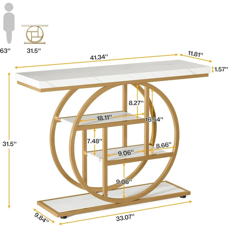 Mesa de consola rústica marrón de 4 niveles con estructura de metal circular