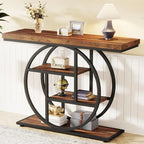 Mesa de consola rústica marrón de 4 niveles con estructura de metal circular