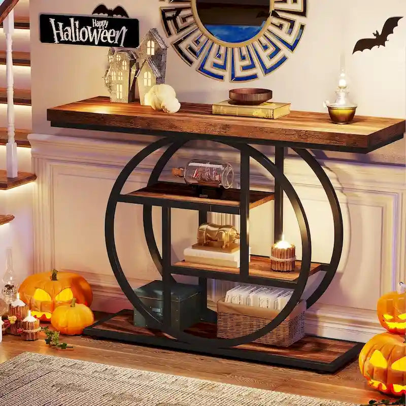 Mesa de consola rústica marrón de 4 niveles con estructura de metal circular