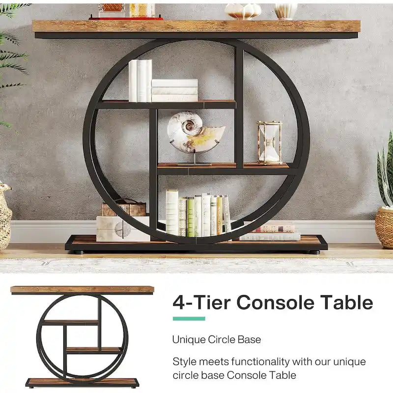 Mesa de consola rústica marrón de 4 niveles con estructura de metal circular