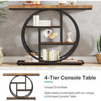 Mesa de consola rústica marrón de 4 niveles con estructura de metal circular