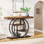 Mesa de consola rústica marrón de 4 niveles con estructura de metal circular