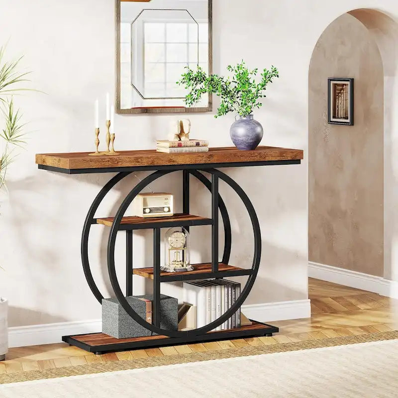 Mesa de consola rústica marrón de 4 niveles con estructura de metal circular