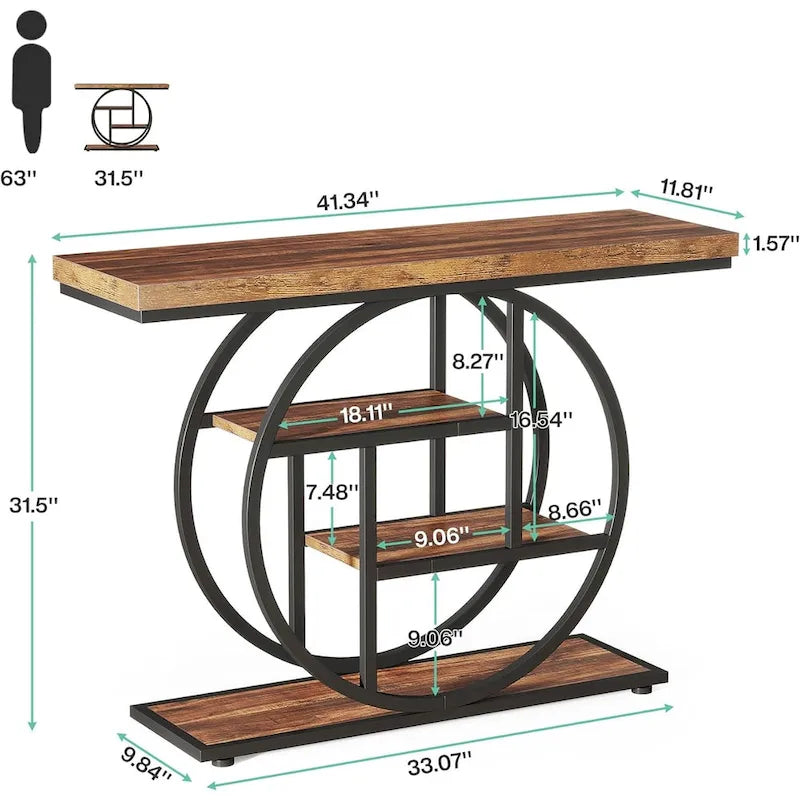 Mesa de consola rústica marrón de 4 niveles con estructura de metal circular