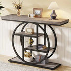 Mesa de consola rústica marrón de 4 niveles con estructura de metal circular