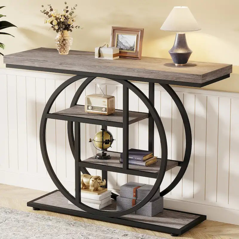 Mesa de consola rústica marrón de 4 niveles con estructura de metal circular