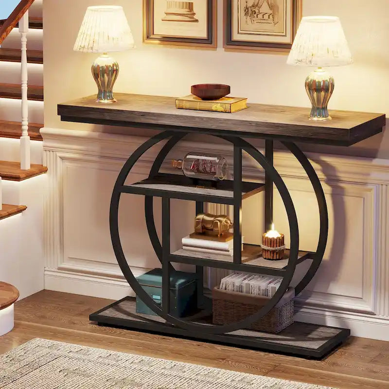 Mesa de consola rústica marrón de 4 niveles con estructura de metal circular