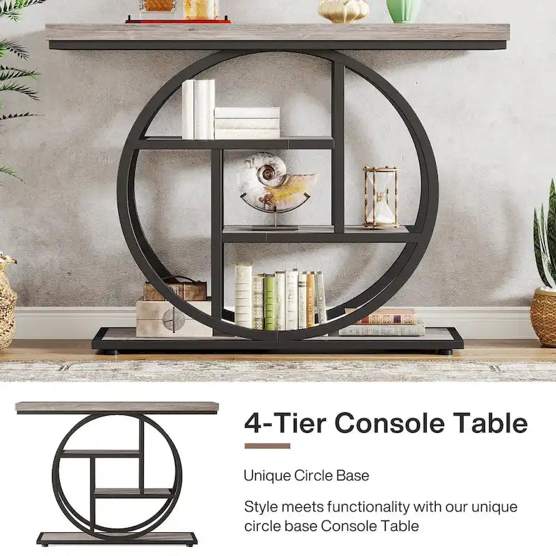 Mesa de consola rústica marrón de 4 niveles con estructura de metal circular