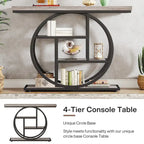 Mesa de consola rústica marrón de 4 niveles con estructura de metal circular