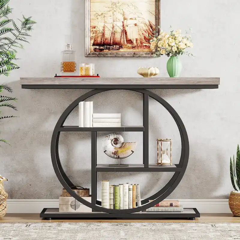 Mesa de consola rústica marrón de 4 niveles con estructura de metal circular