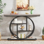 Mesa de consola rústica marrón de 4 niveles con estructura de metal circular
