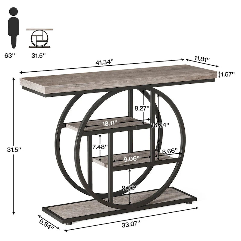 Mesa de consola rústica marrón de 4 niveles con estructura de metal circular