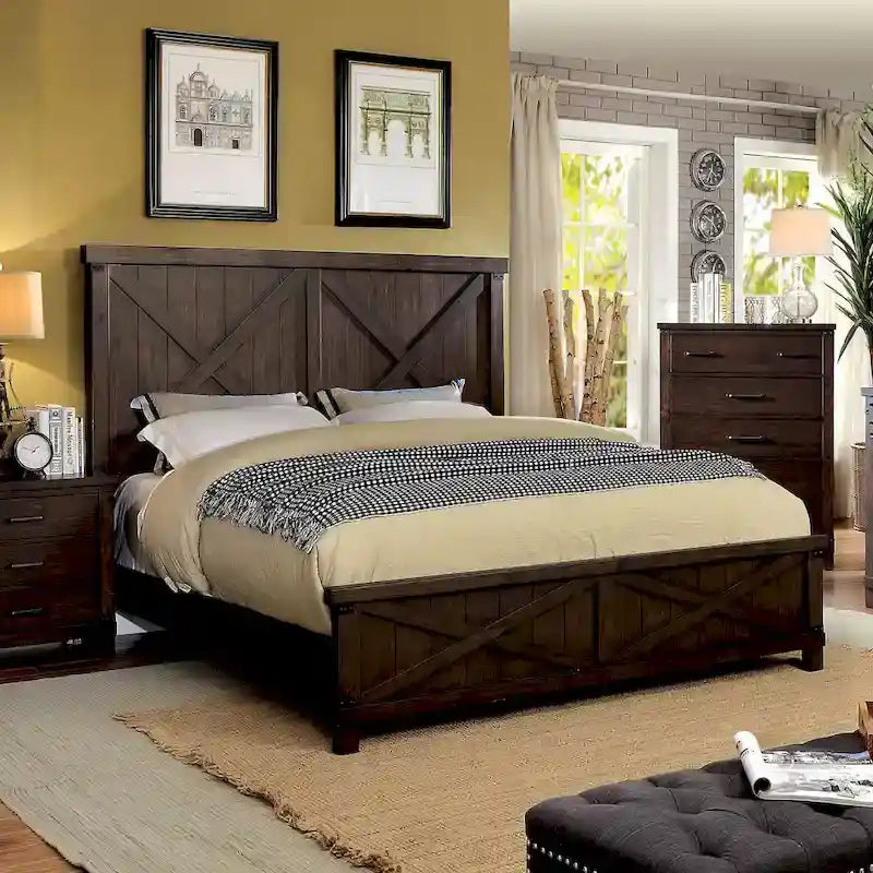 Cama de madera rústica con acabado en nogal oscuro