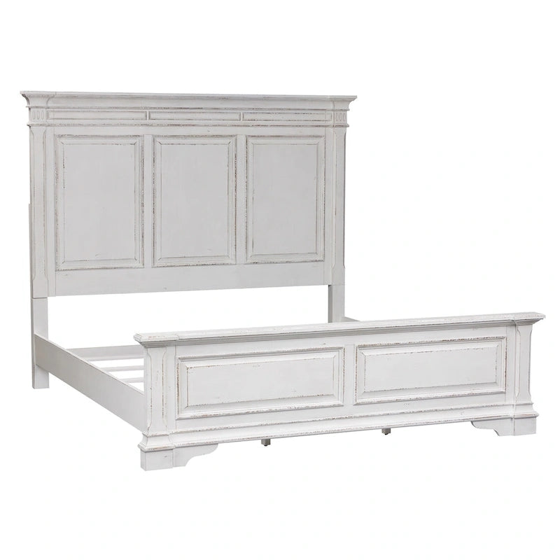 Cama King con cabecera de panel en color blanco antiguo