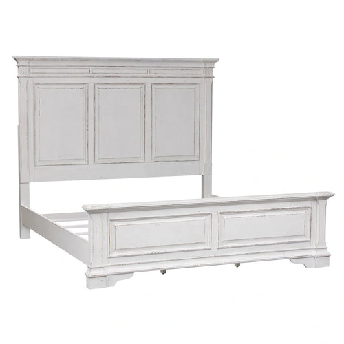 Cama King con cabecera de panel en color blanco antiguo