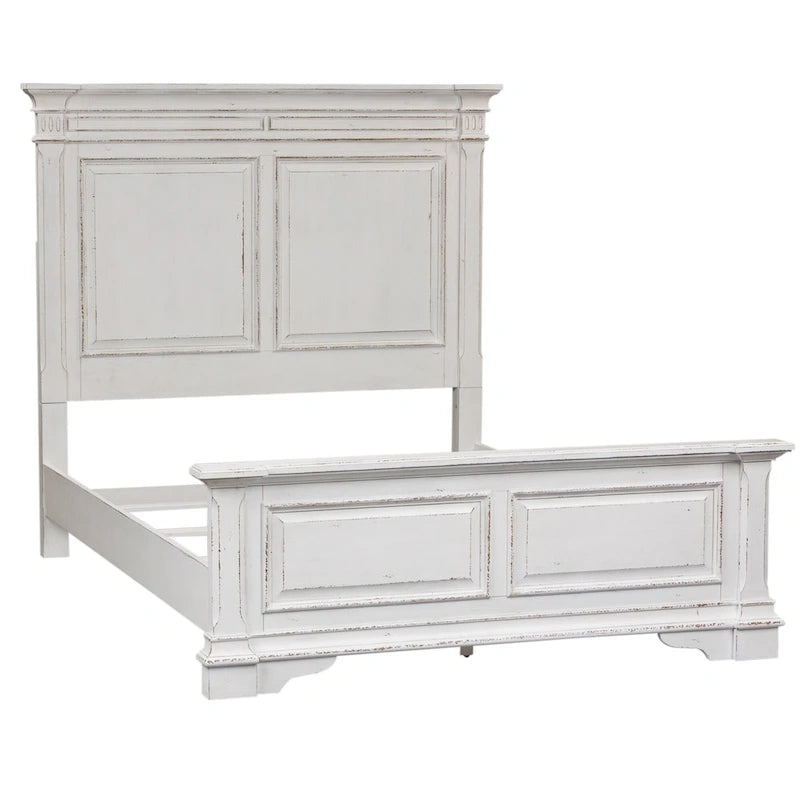 Cama de panel tamaño queen en color marrón desgastado y blanco antiguo