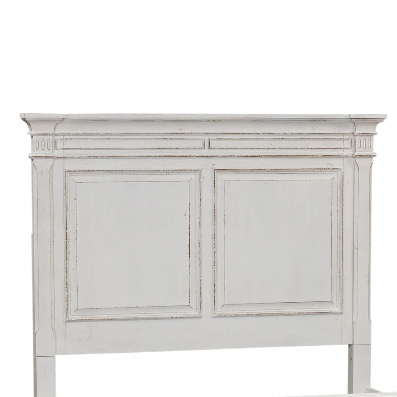 Cama de panel tamaño queen en color marrón desgastado y blanco antiguo